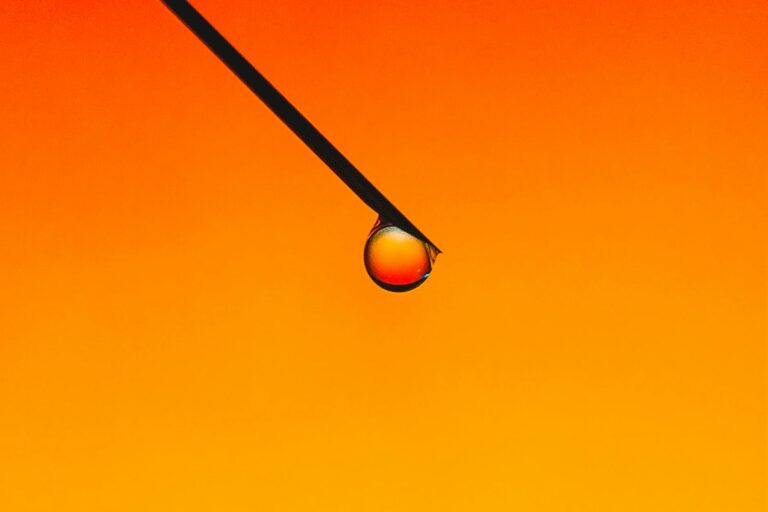 Extreme close-up of a water droplet on a needle with a vivid orange background.