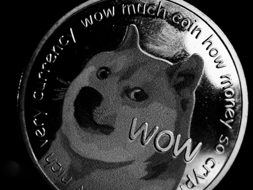 Monochrome close-up of a Dogecoin featuring the iconic Shiba Inu design.